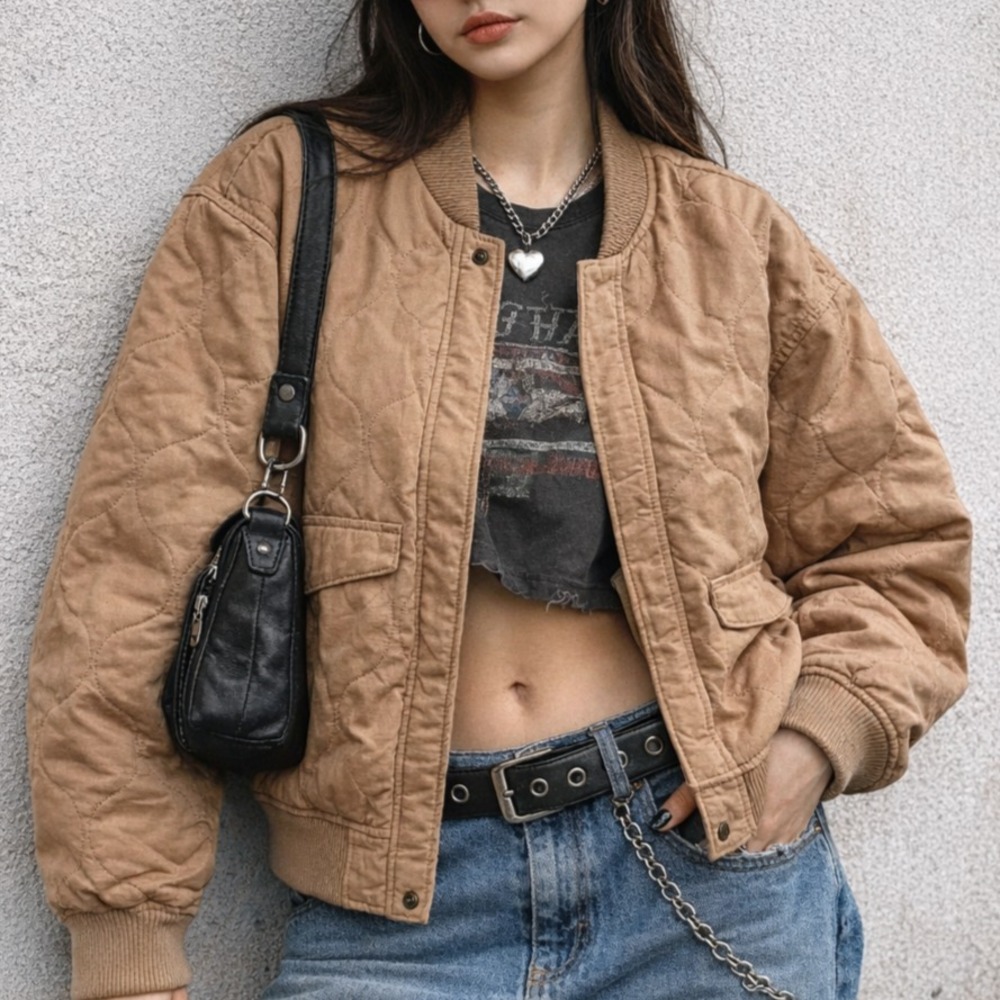 Womens Quilted Bomber Jacket Tan XXL Utility Casual Neutral Minimalist Capsule